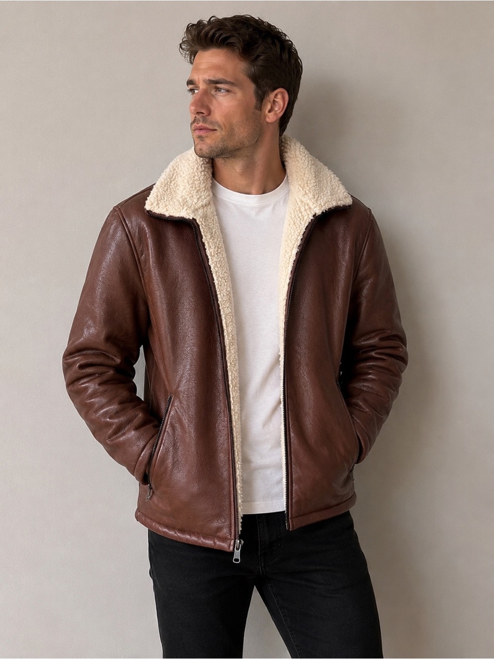 Men's Brown Shearling-Lined Bomber Jacket
